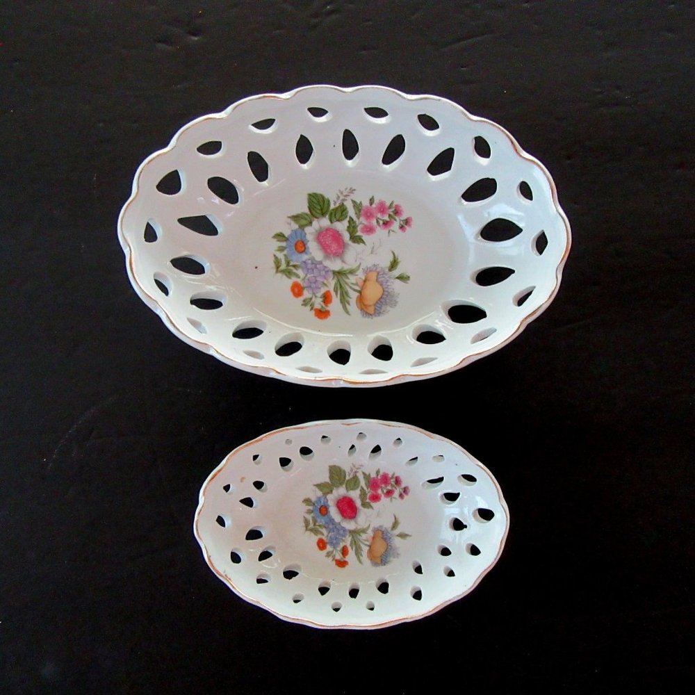 White lattice floral oval candy dishes - set of 2